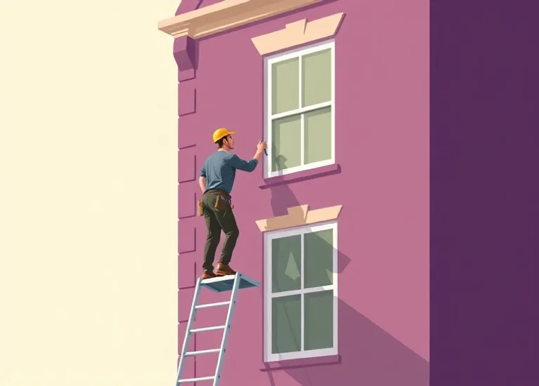 Peintre sur échafaudage traitant la façade d'une maison