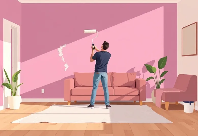 Peintre appliquant la peinture au rouleau sur un mur de salon